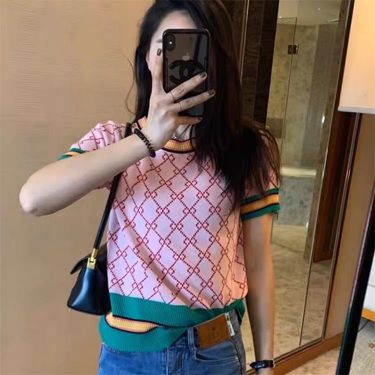 Summer Women Knitting Shorte Short European Style Letter Fashion Jacquard Round…