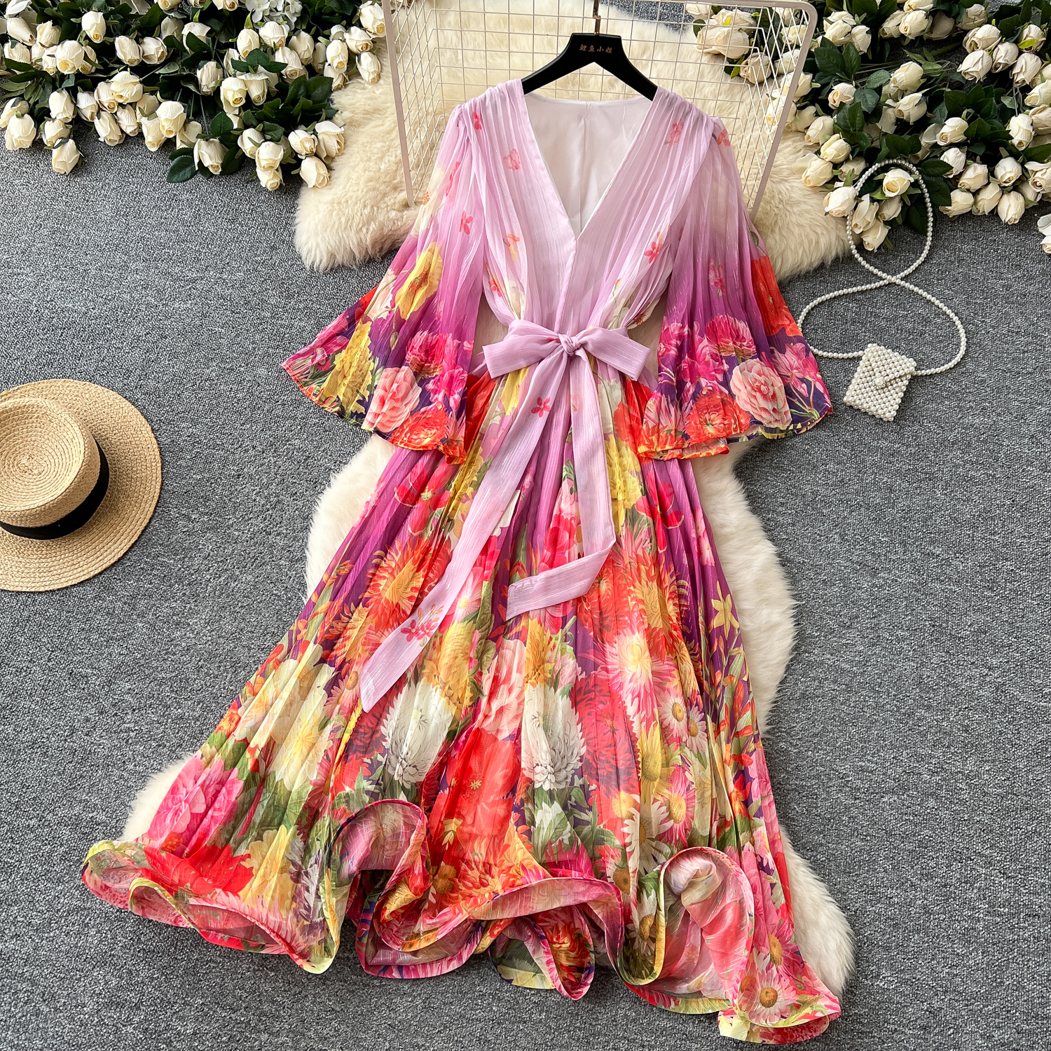 Basic Casual Dresses Summer A Line 2025 Bohemain Gorgeous Flower Bandage Lace Up Bright Silk Chiffon Dress Women Holiday V-Neck Flare Sleeve Loose Rob