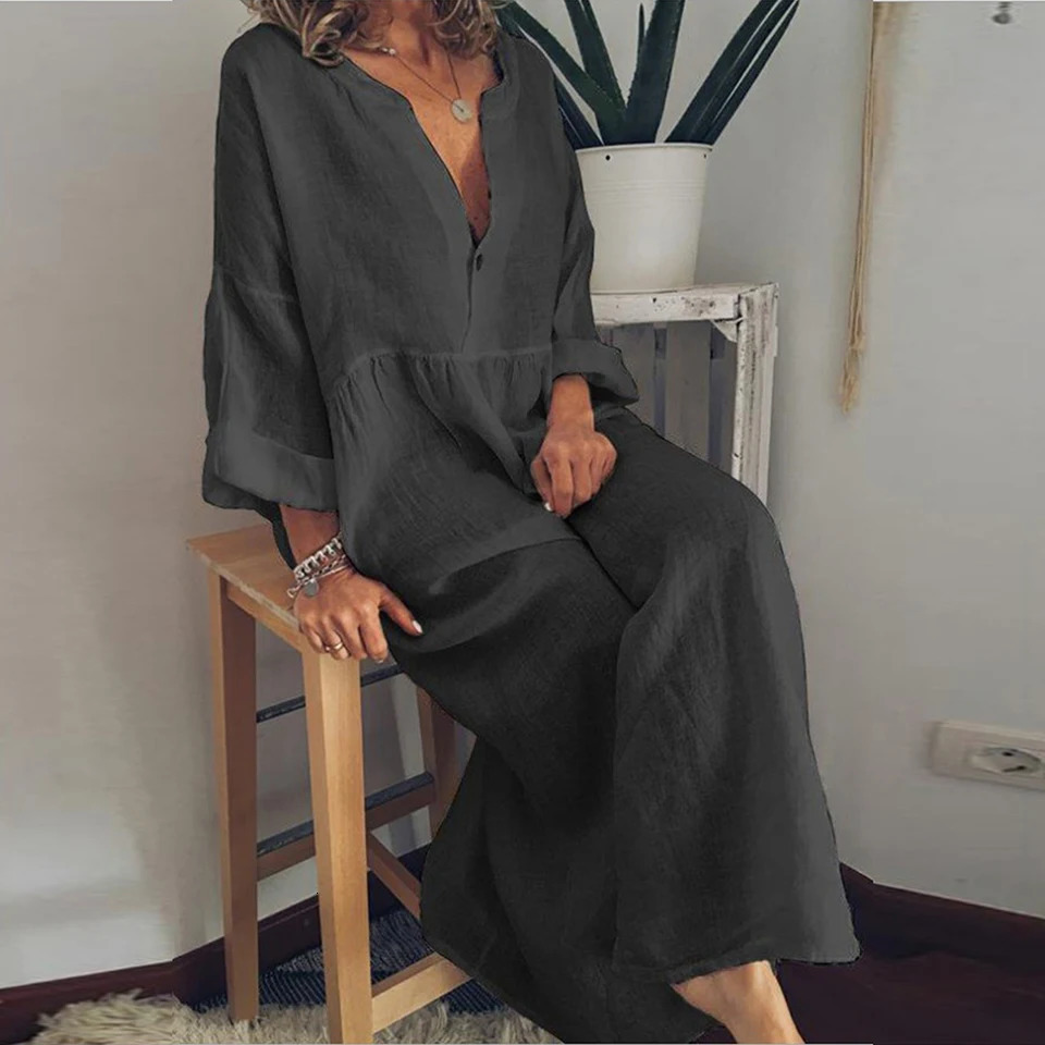 Holiday Casual Shirt Dress Women Solid Color Long Sleeve V-neck Loose Cotton Linen Midi Dress Summer Thin Weekend Street Dresses 250322