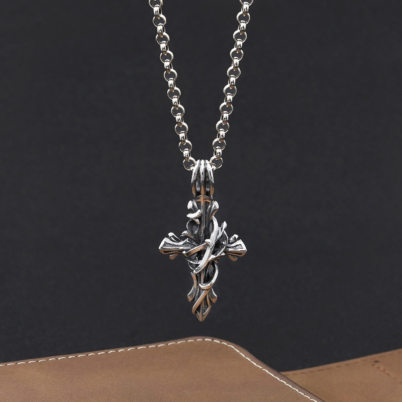 S925 Sterling Silver Vintage vine Cross Necklace Pendant mens and womens street personality trend Pendant