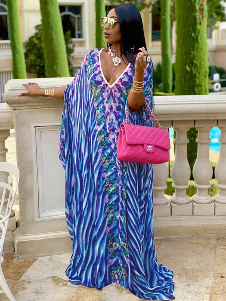 Oversized Bohemian Dress Chiffon Beach Cover V-neck Printed Beach Wear Summer Kaftan Dress Robe Checkered Swimsuit Cover 250318