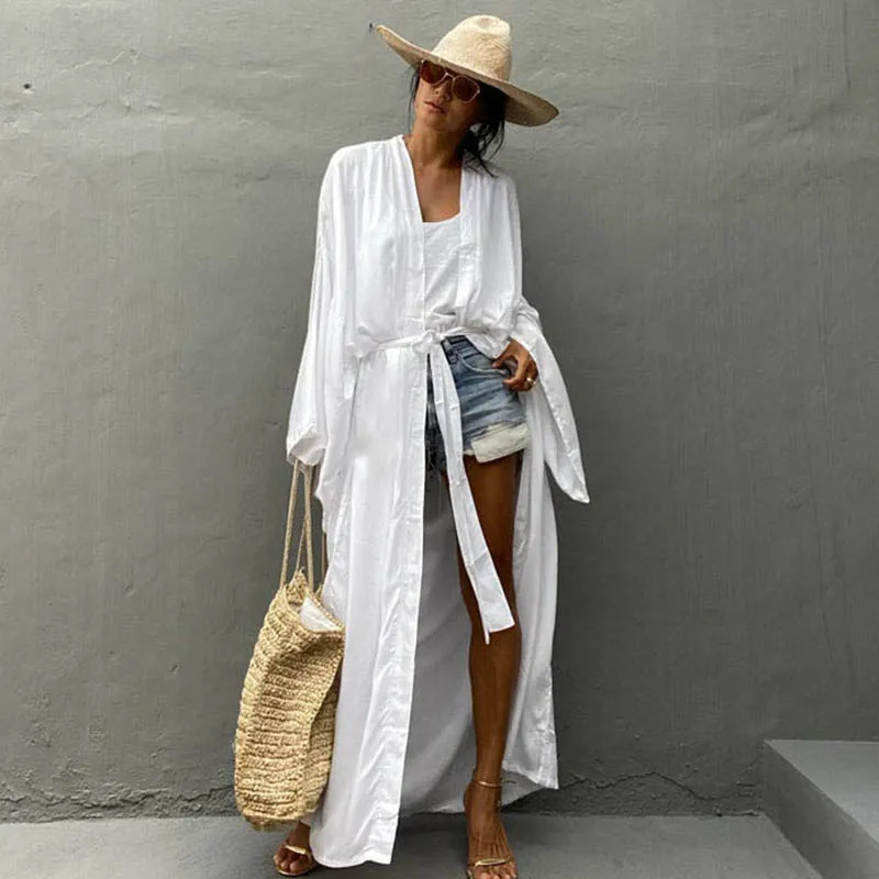 Solid beach cover womens self waistband wrapped kimono dress swimsuit summer beach wear factory supply 250318
