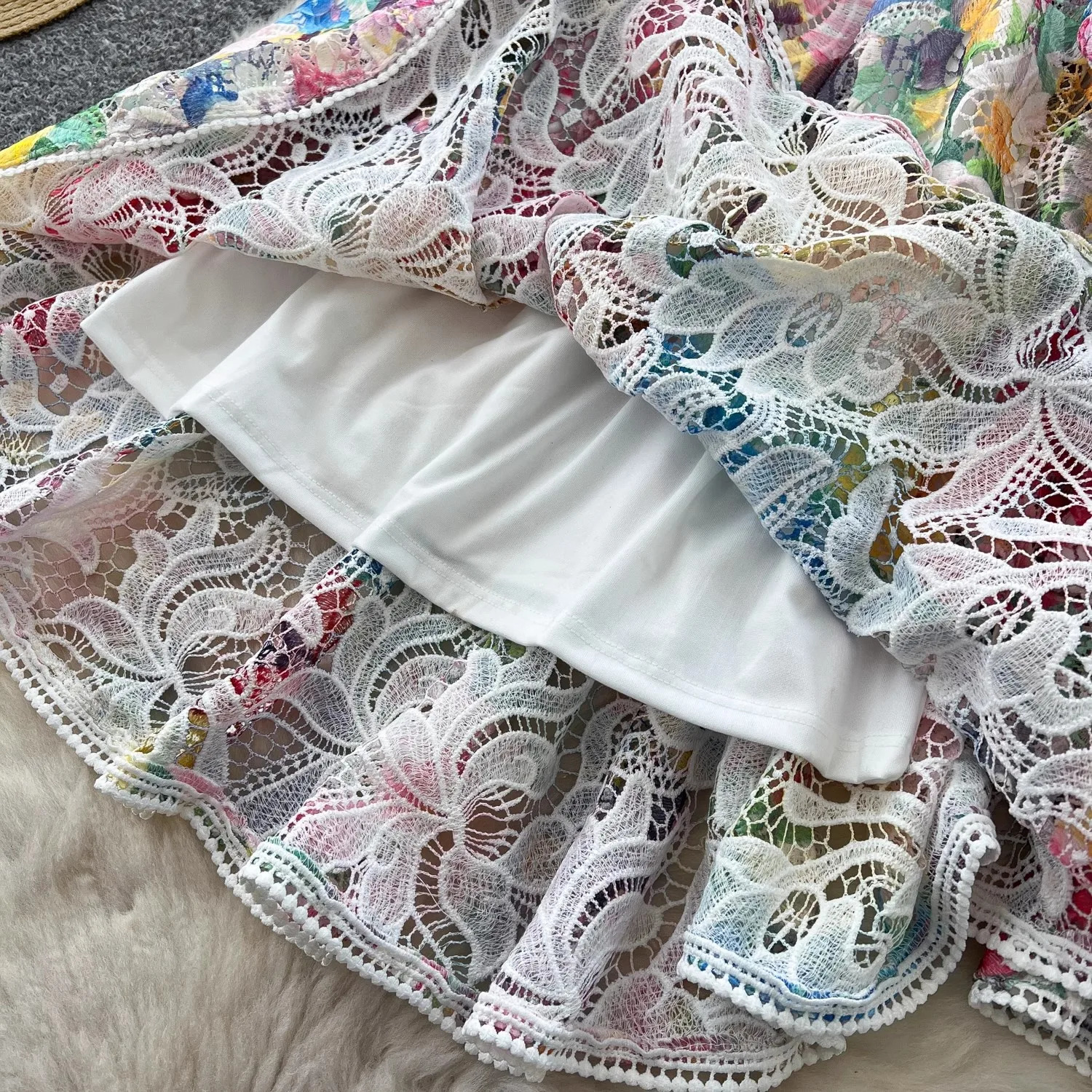 Summer Embroidery Lace Trims Dress Women French Gorgeous Flower Long Lantern Sleeve Belt A-Line Holiday Party Vestidos 250322