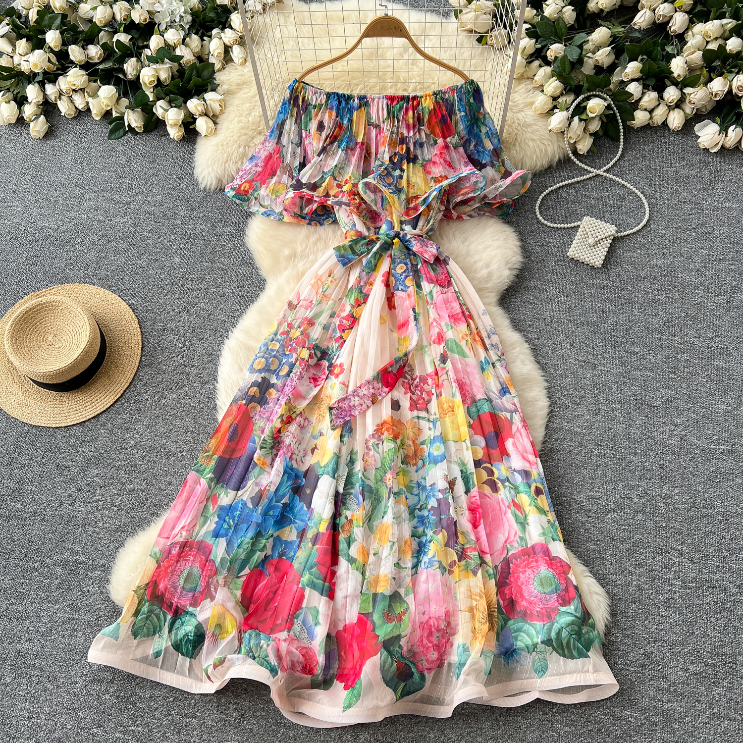 Basic Casual Dresses Spring Summer Off Shoulder Gorgeous Flower Holiday Dress Women's Slash Neck Ruffles Batwing Sleeve Print Casual A-Line Beach