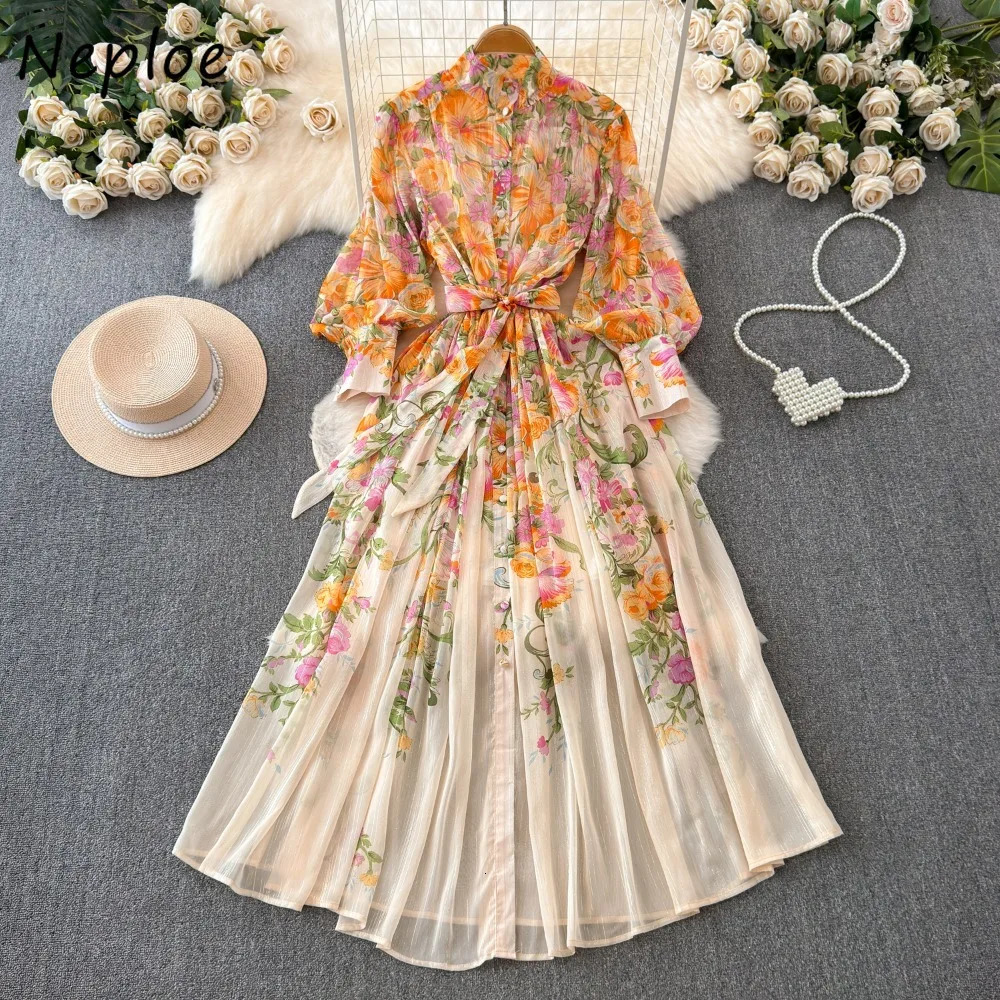 Neploe Sweet Print Lace Up French Style Femme Robe Stand Collar Lantern Sleeve Slim Fit Mujer Chiffon Ruched High Waist Dresses 250322