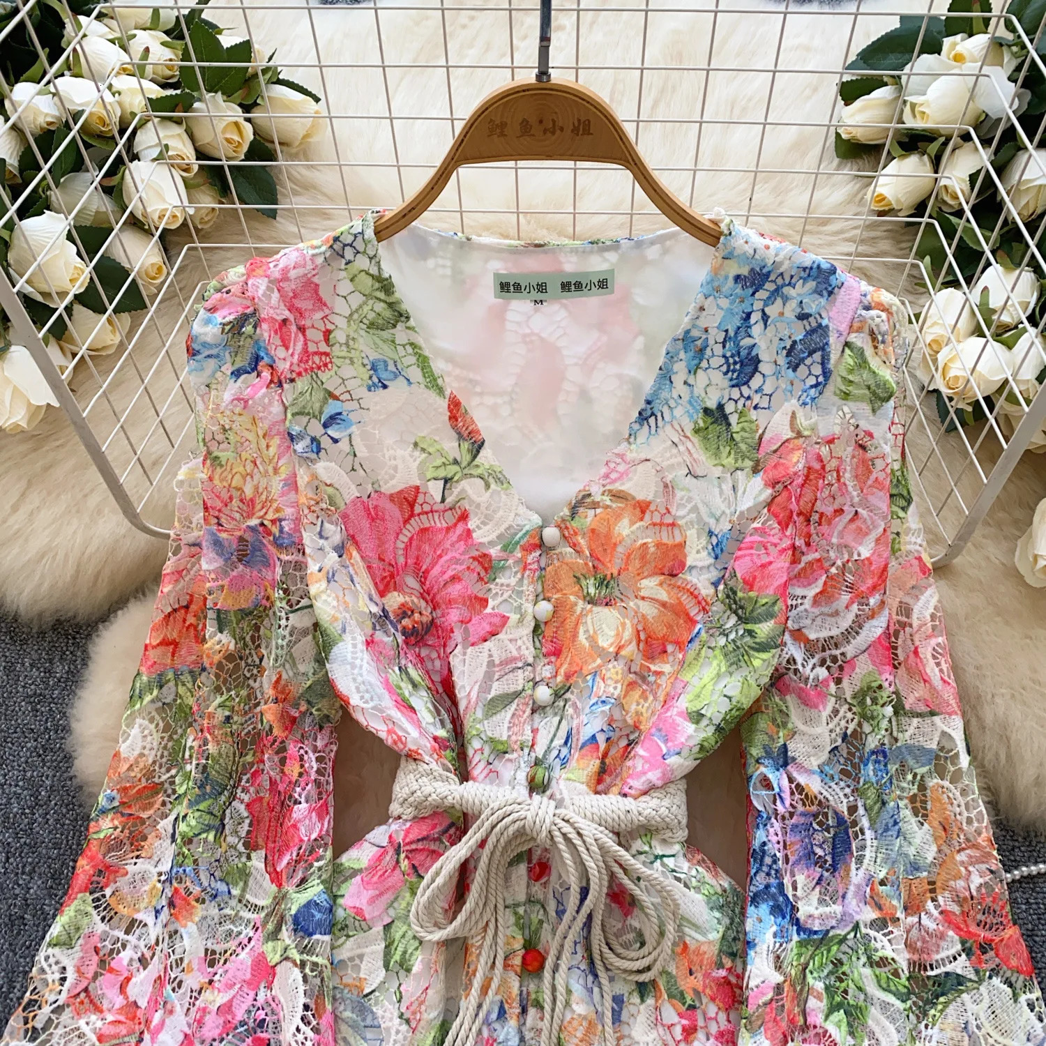 Elegant Hollow Out Short Evening Dresses Women Summer Autumn Holiday Long Lantern Sleeve Fancy Flower Party Dress Shirt 250322