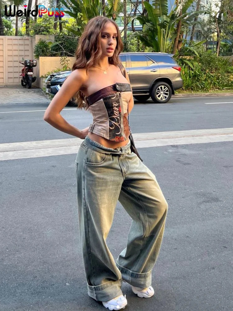 Weird Puss PU Leather Patchwork Print Tube Tops Women Y2K Zip Button Vintage Summer Trend Casual Corset Top Streetwear Wild Vest 250320