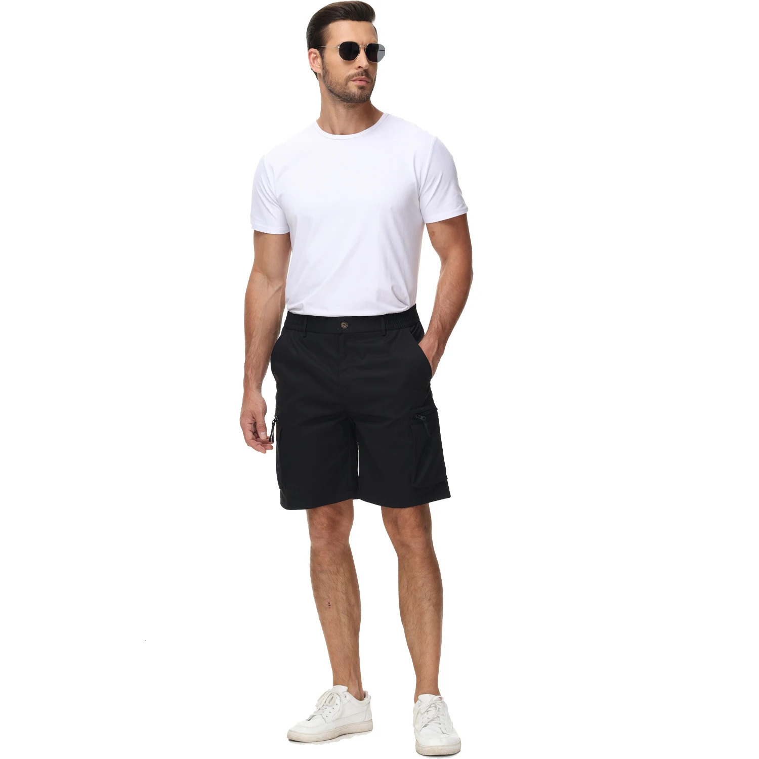 Mens summer breathable cargo shorts loose and casual elastic waist with multiple pockets suitable for outdoor sports and daily wear 250321