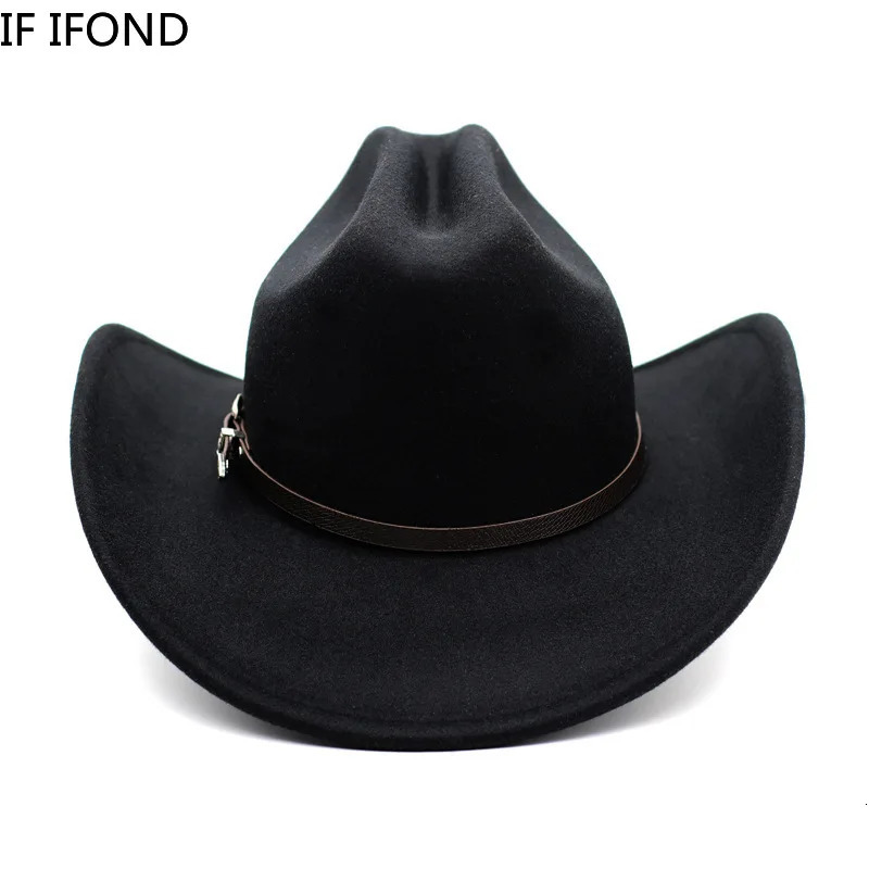 Vintage Western Cowboy Hat For Mens Gentleman Lady Jazz Cowgirl With Leather Wide Brim Cloche Church Sombrero Hombre Caps 250408