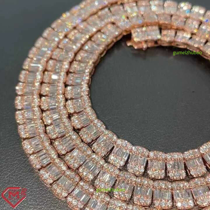Hot Selg Elegant Baguette Necklace Iced Out Rose Gold Plated S Vvs Dia Sier Moissanite Tennis Chain