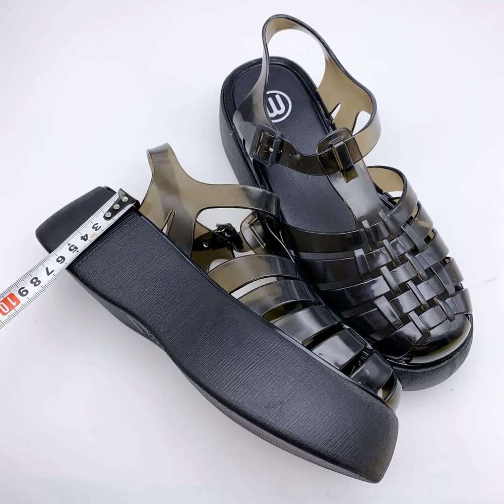 Fashionable PVC Thick-Heeled Women's with Hollowed-Out Breathable Platform Jelly Falt Soles Solid Colors Sandals