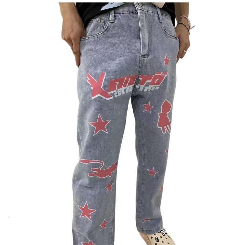 Pentagram Letter Print Jeans 2022 American Hip-Hop Street Couple Retro Loose Fashion Washed Straight Pants Tide Brand Hot Sale