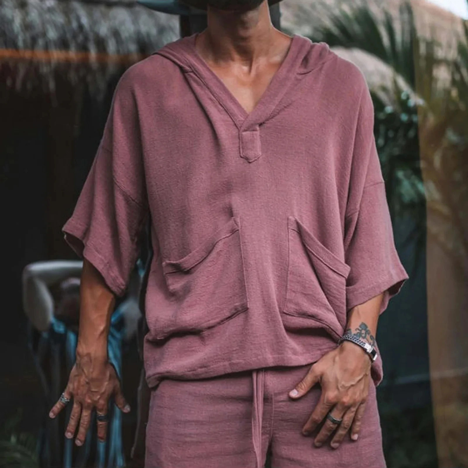 loose V-neck casual suit solid color short sleeved cotton linen casual suit mens wear 250318