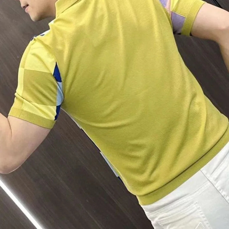 2024 Summer European Fashion Short Sleeved Lapel Checkerboard Patchwork Polo Shirt Slim Fit Business Casual Tshirt for Men 250321