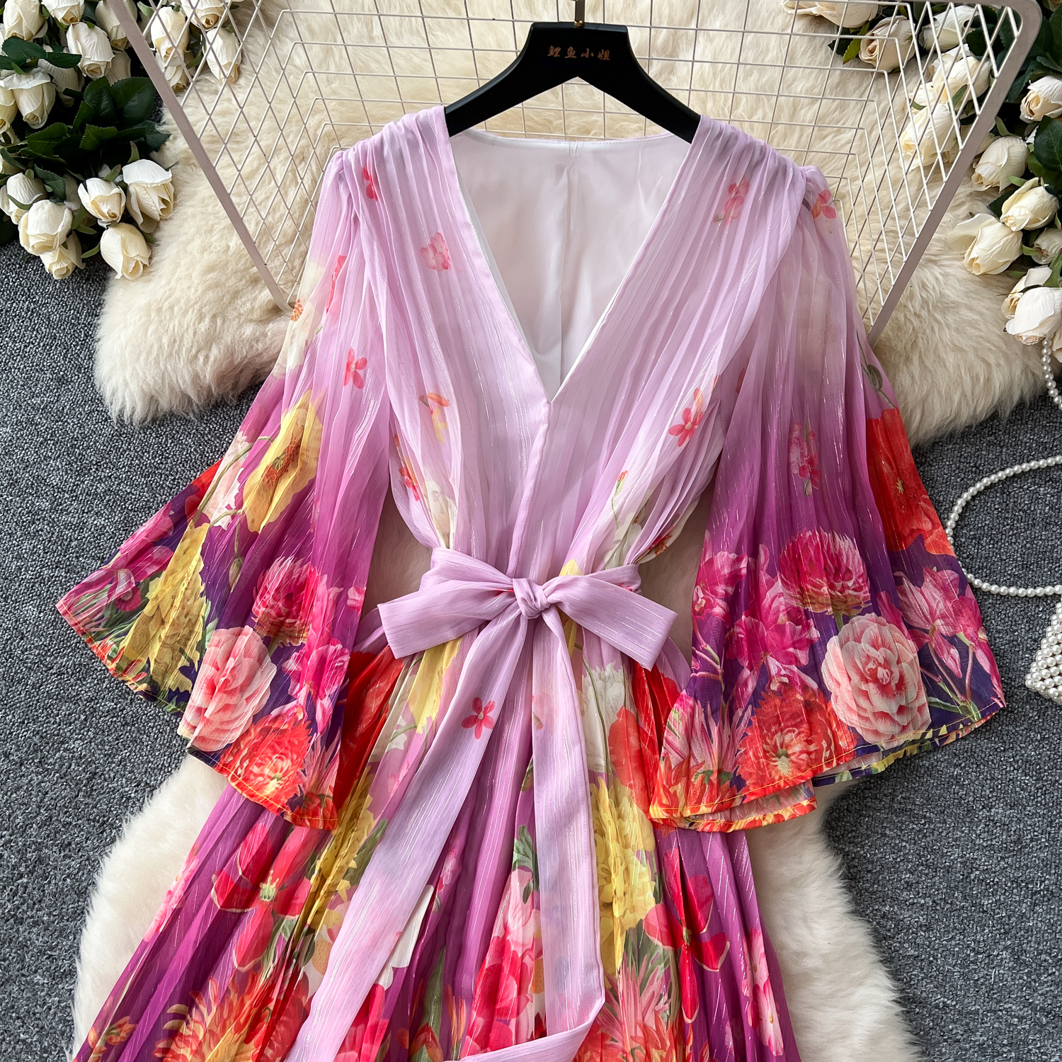 Basic Casual Dresses Summer A Line 2025 Bohemain Gorgeous Flower Bandage Lace Up Bright Silk Chiffon Dress Women Holiday V-Neck Flare Sleeve Loose Rob