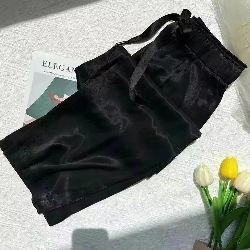 Acetic Acid Ice Silk Wide Leg Pants 2024 Summer Thin Satin Casual Pants Womens High Waisted Straight Leg Pants Long Trouser 250317