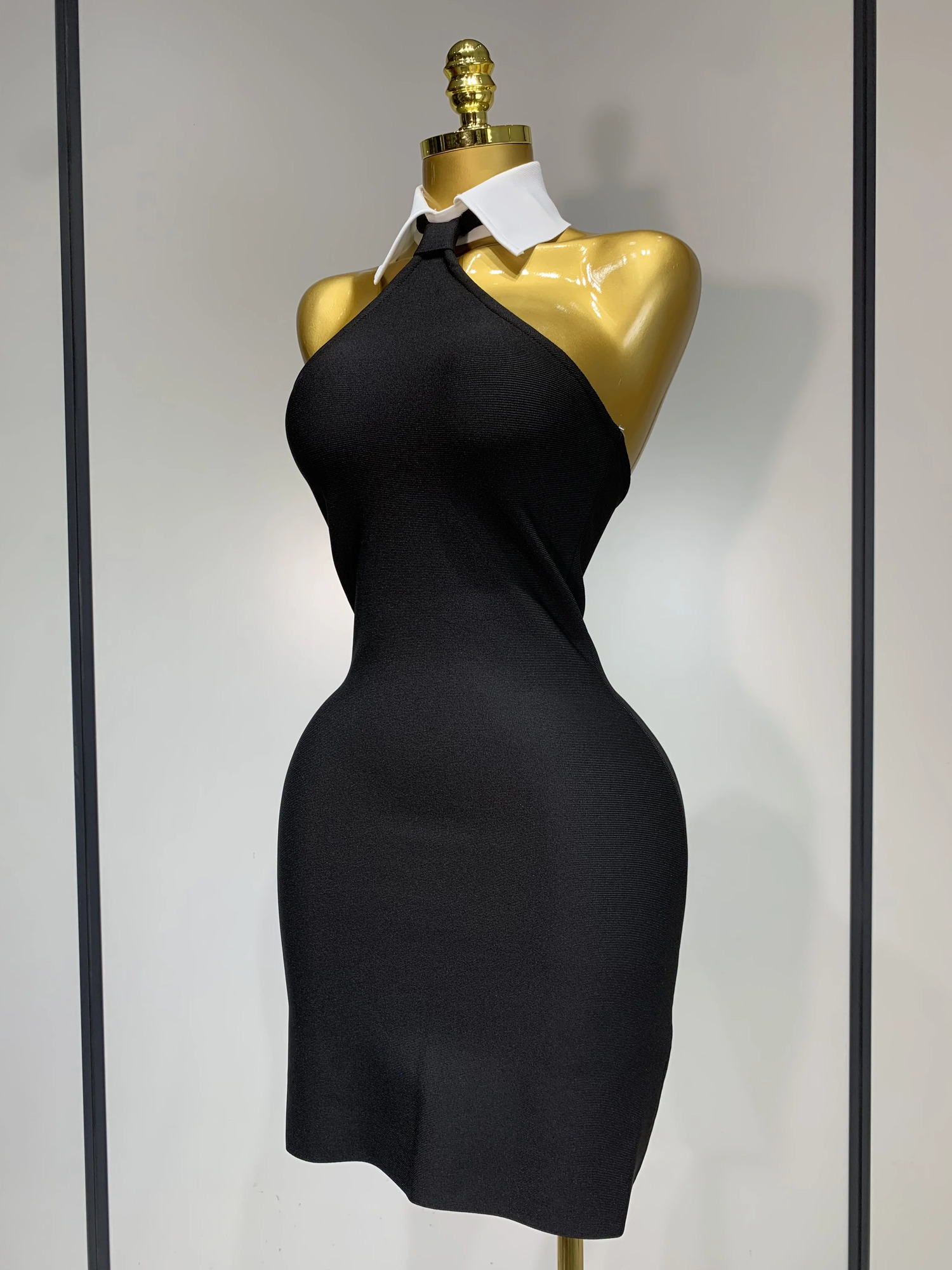 Womens sexy backless white shirt collar black mini body bandage dress elegant nightclub party luxurious birthday 250320