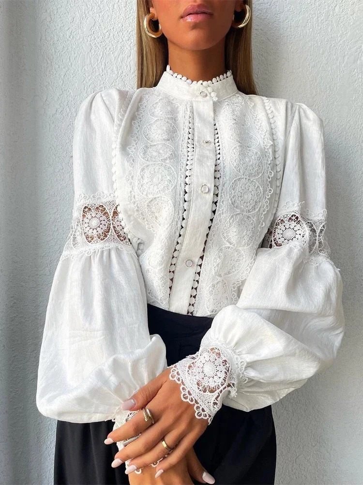 White Lace Blouses Women Elegant Solid Casual Lace and Button Hook Flower Hollow Puff Sleeves Blouse Top Lady Office Shirts 250318