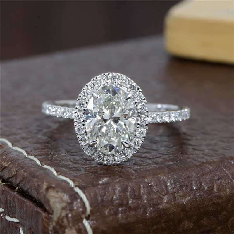 Jewelry 14K 18K Real Gold Halo Engagement Ring 1.5 Carat Oval Cut Lab Grown Diamond Ring Half Eternity Proposal 950 Platinum Anniversary Wedding Gift 