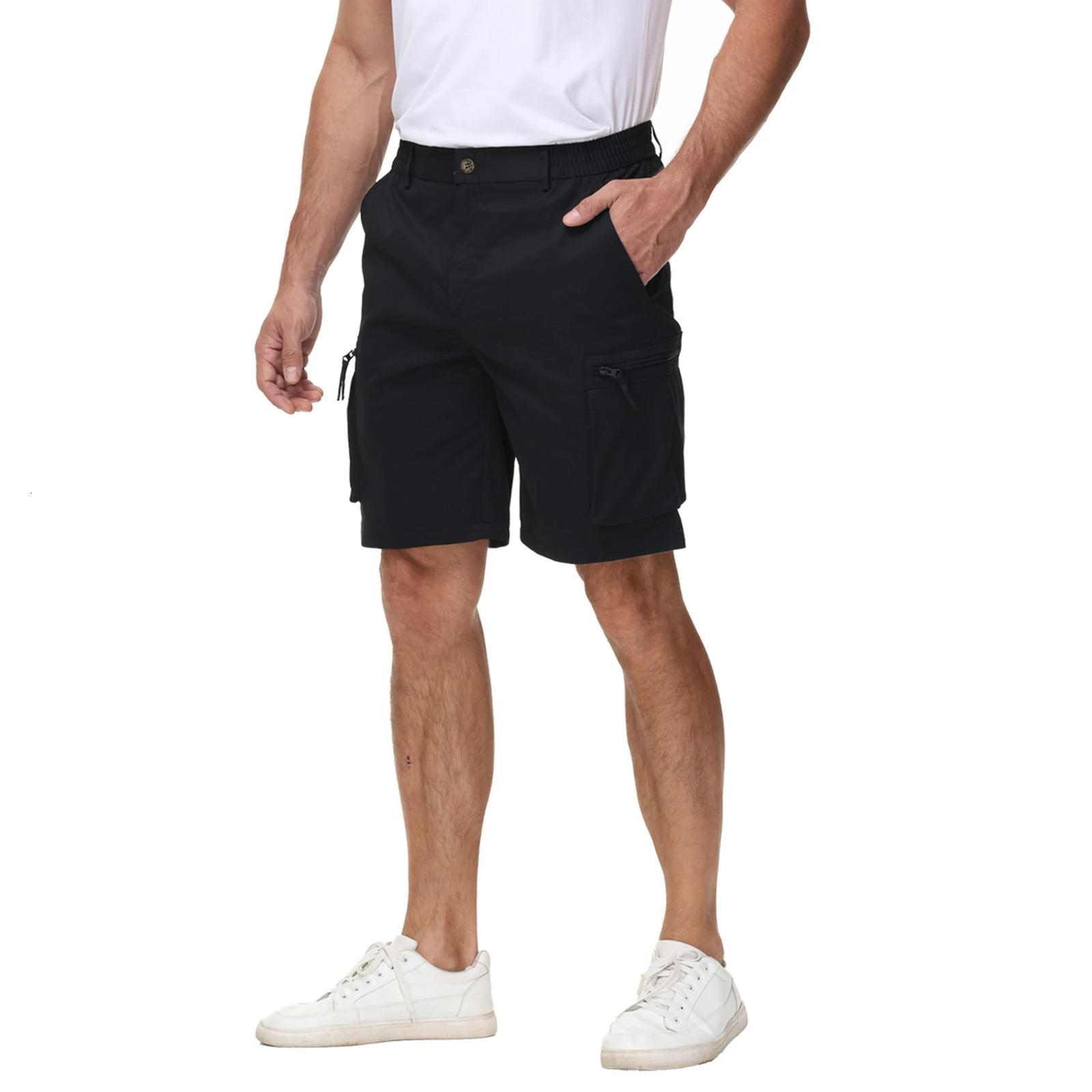 Mens summer breathable cargo shorts loose and casual elastic waist with multiple pockets suitable for outdoor sports and daily wear 250321