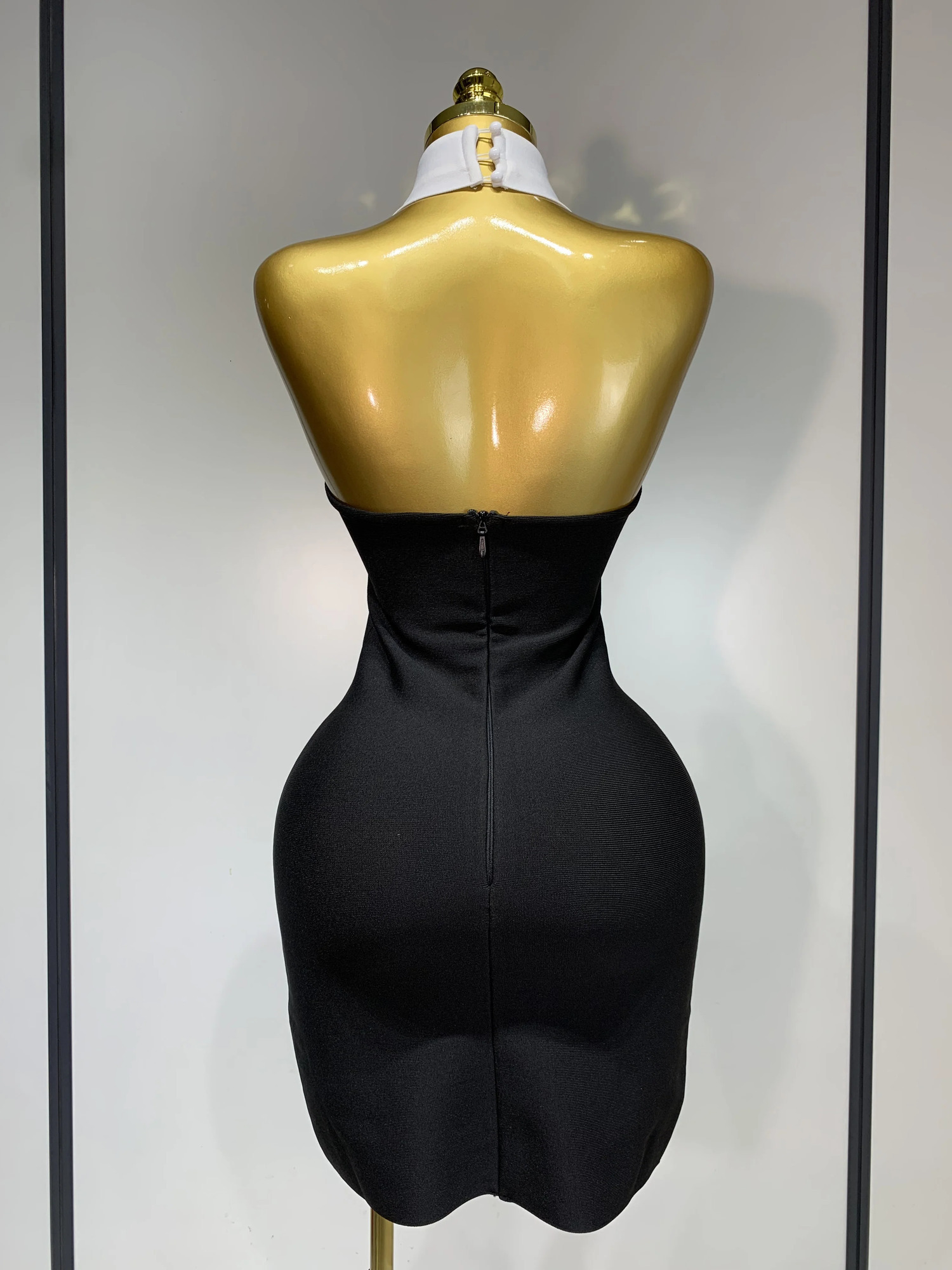 Womens sexy backless white shirt collar black mini body bandage dress elegant nightclub party luxurious birthday 250320