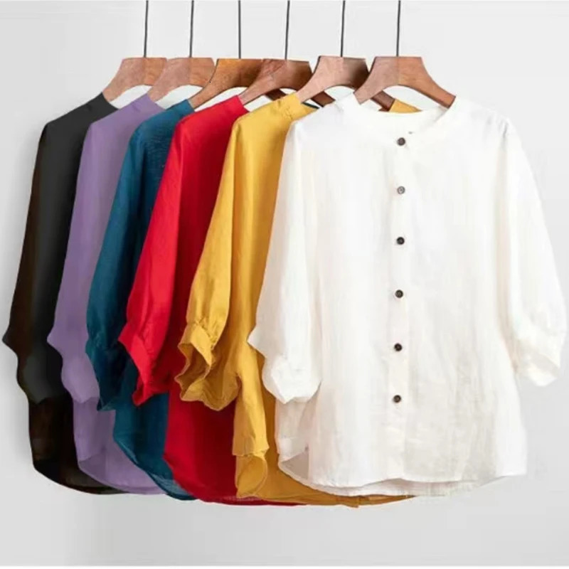 Womens linen pure cotton casual loose short sleeved Oneck fully matched shirt and single seam solid top 250312