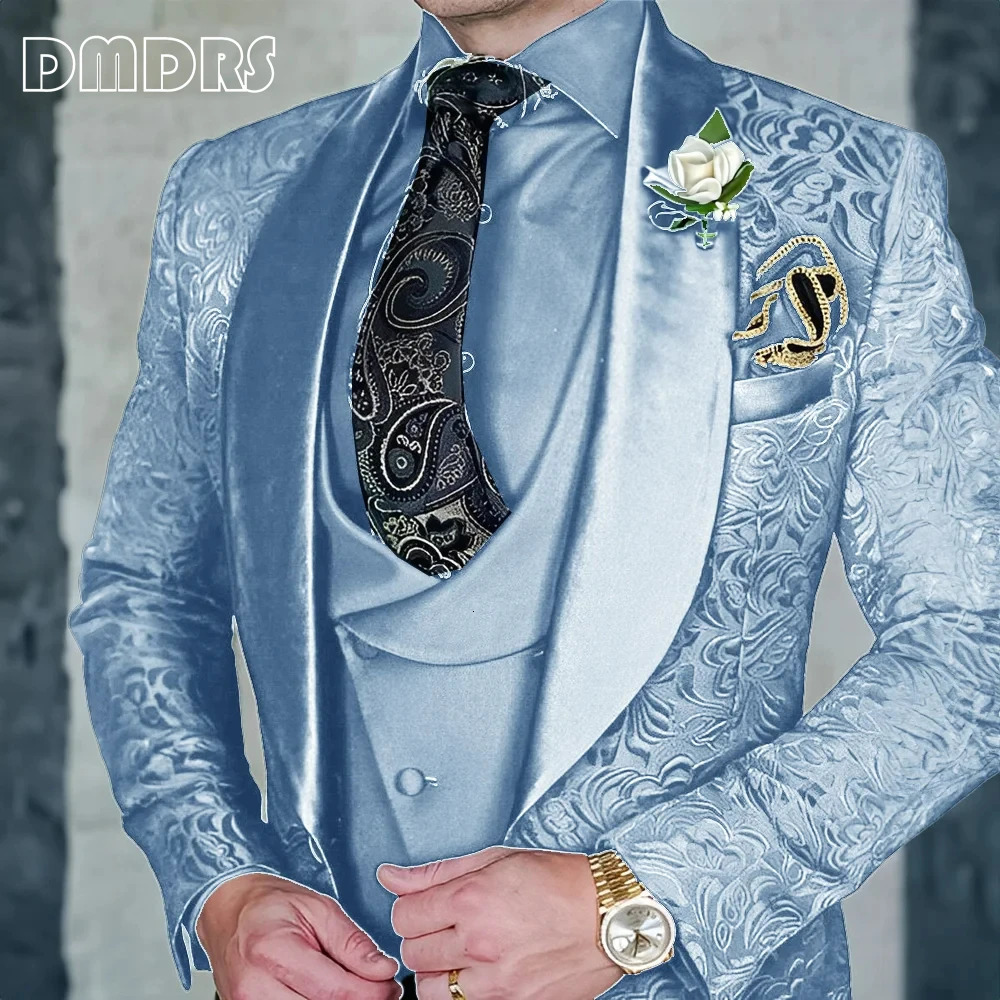 Jacquard mens 3-piece formal party dress grooms tailcoat high-quality elegant mens custom set 250321