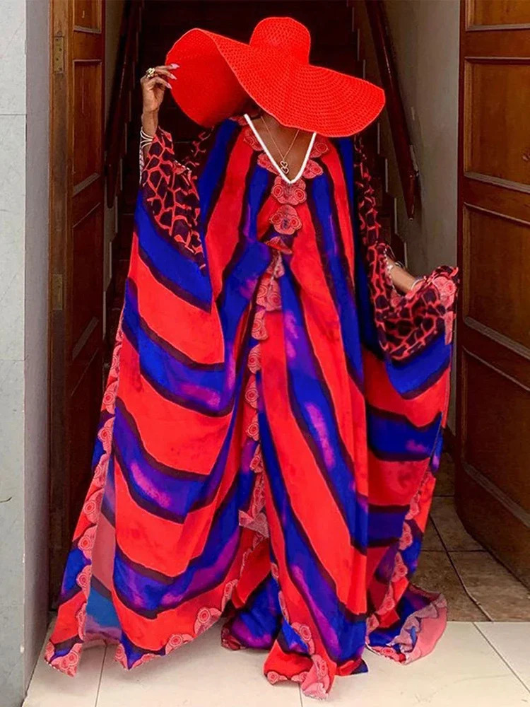 Oversized Bohemian Dress Chiffon Beach Cover V-neck Printed Beach Wear Summer Kaftan Dress Robe Checkered Swimsuit Cover 250318