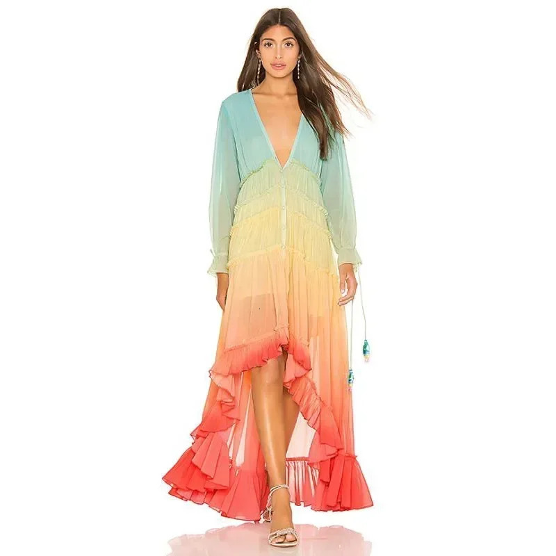 Womens Summer Bohemian Dress Printing Gradient Elegant Maxi Dress Patchwork Rainbow Color Party Dress Ruffles Sweet Vestidos 250322