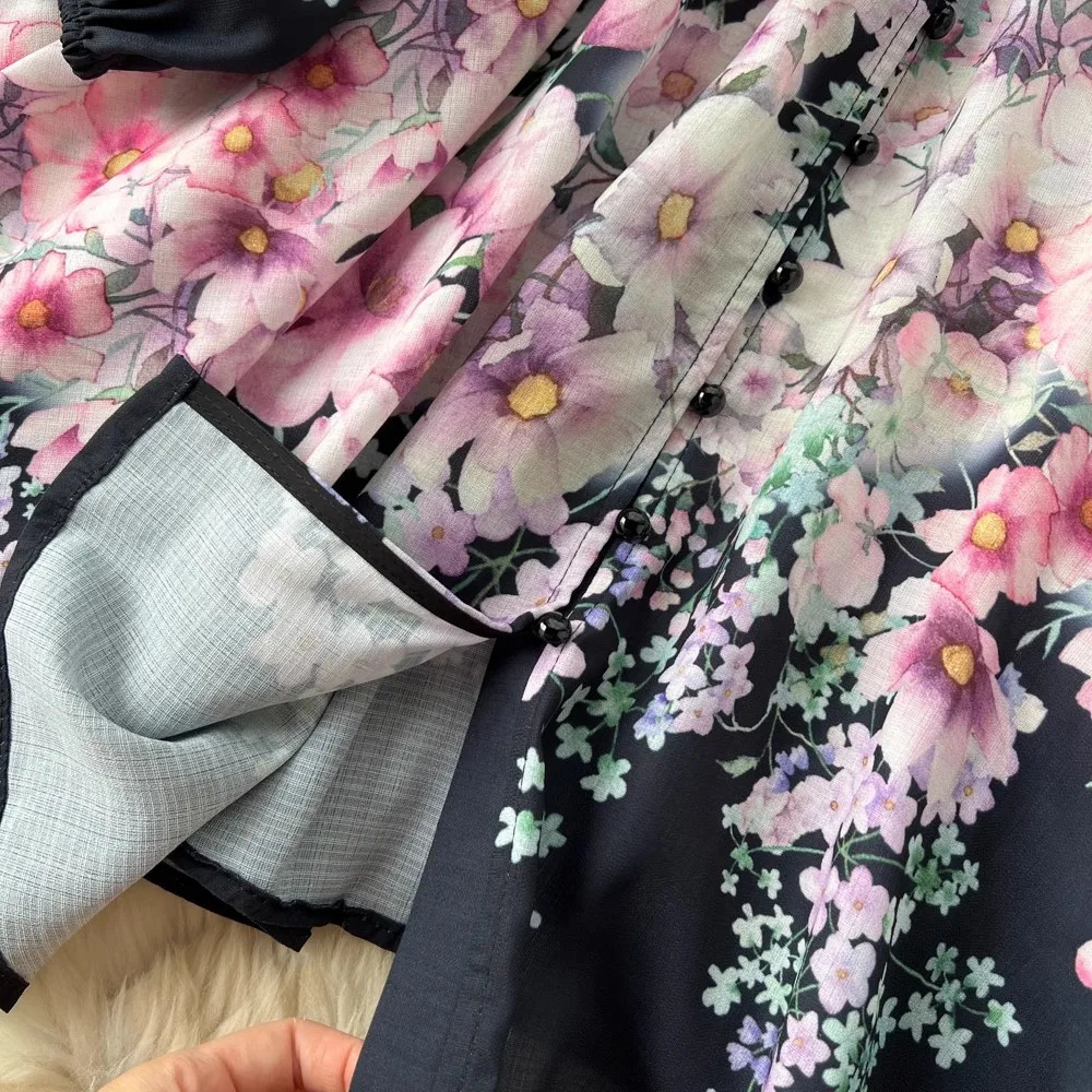 Women Linen Clothing Spring Summer Runway Fashion Flower Print Vintage Dress Stand Neck Long Lantern Sleeve Belted Mini Dress 250322