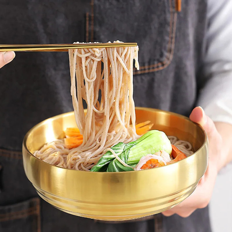 304 Stainless Steel Double Layer Cold Noodle Bowl Gold Silver Korean Style Anti-scald Large Salad Soup Bowls Kitchen Utensils 250314