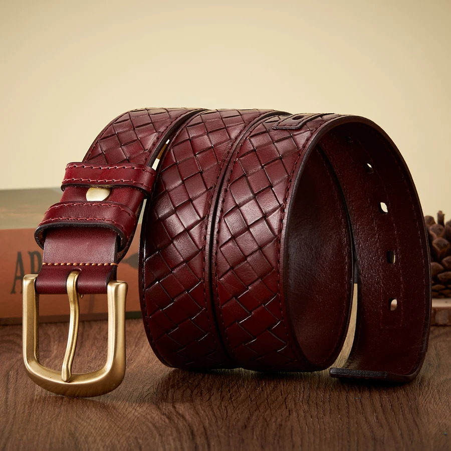 3.8cm copper buckle denim leather mens real belt woven denim woven mens jeans belt 250322