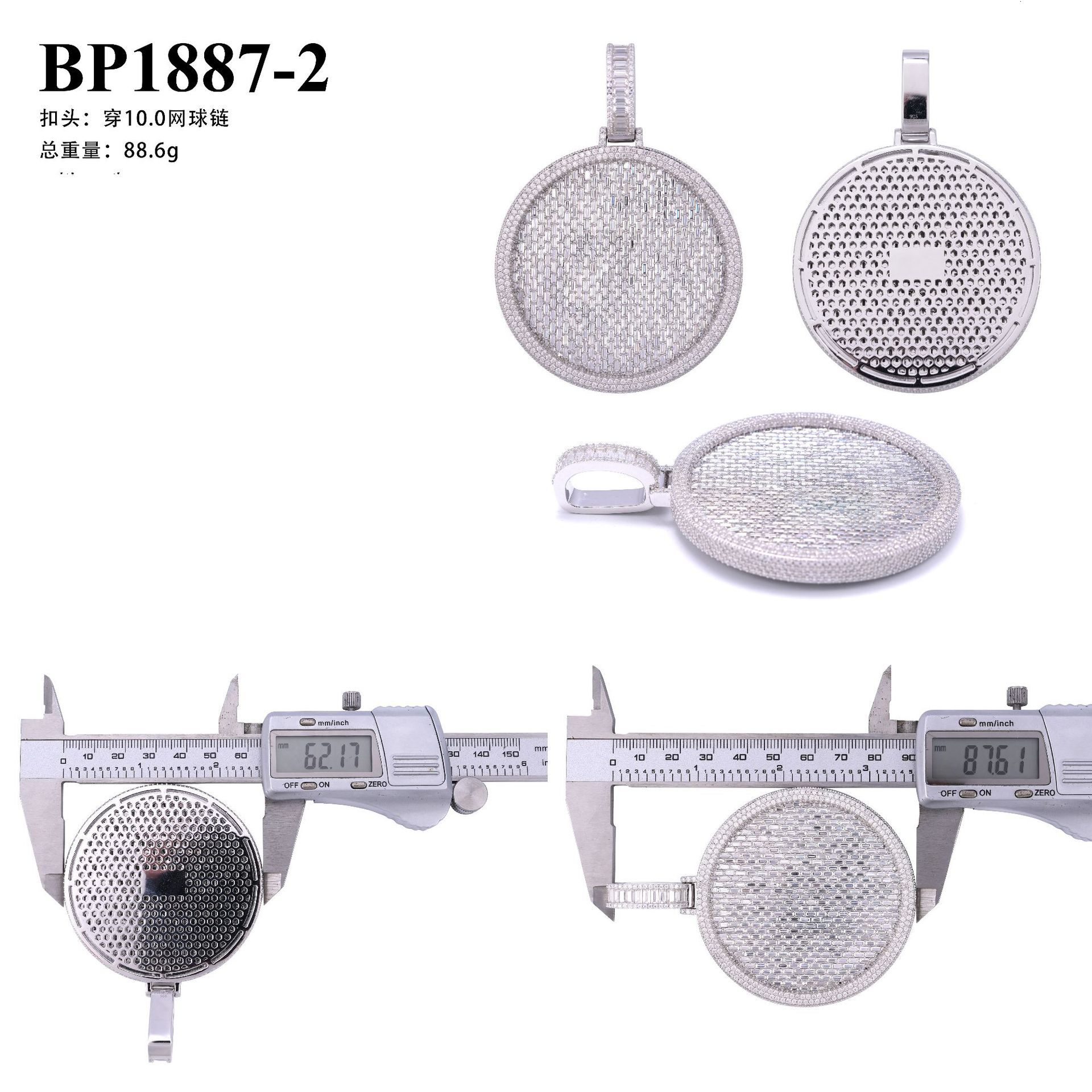 New 2.5-inch disc side fully inlaid hip-hop pendant 925 silver T-shaped moissanite wearing 10mm necklace