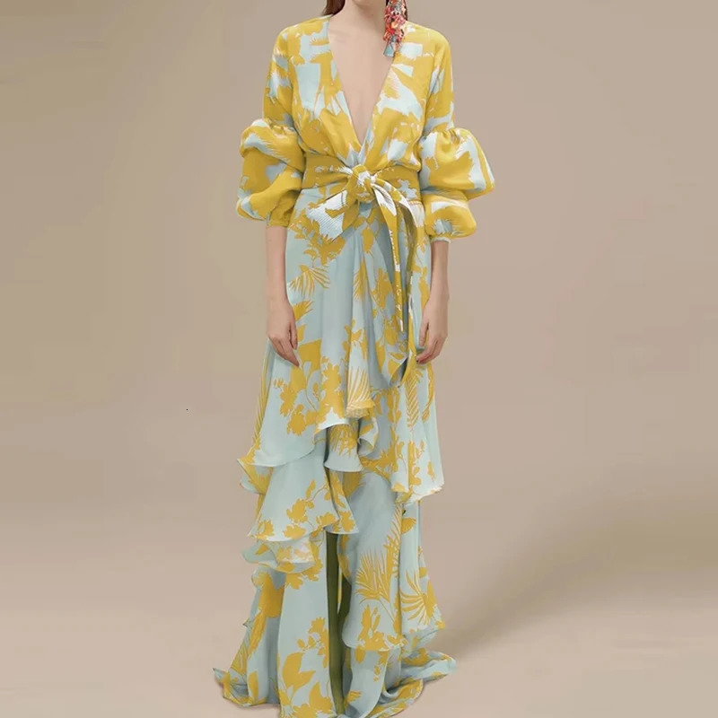 Women Retro Print Ruffle Party Dress Elegant Deep V-neck Lantern Sleeve Long Dress Fashion Tie-up Waist Irregular Bohemian Dress 250322
