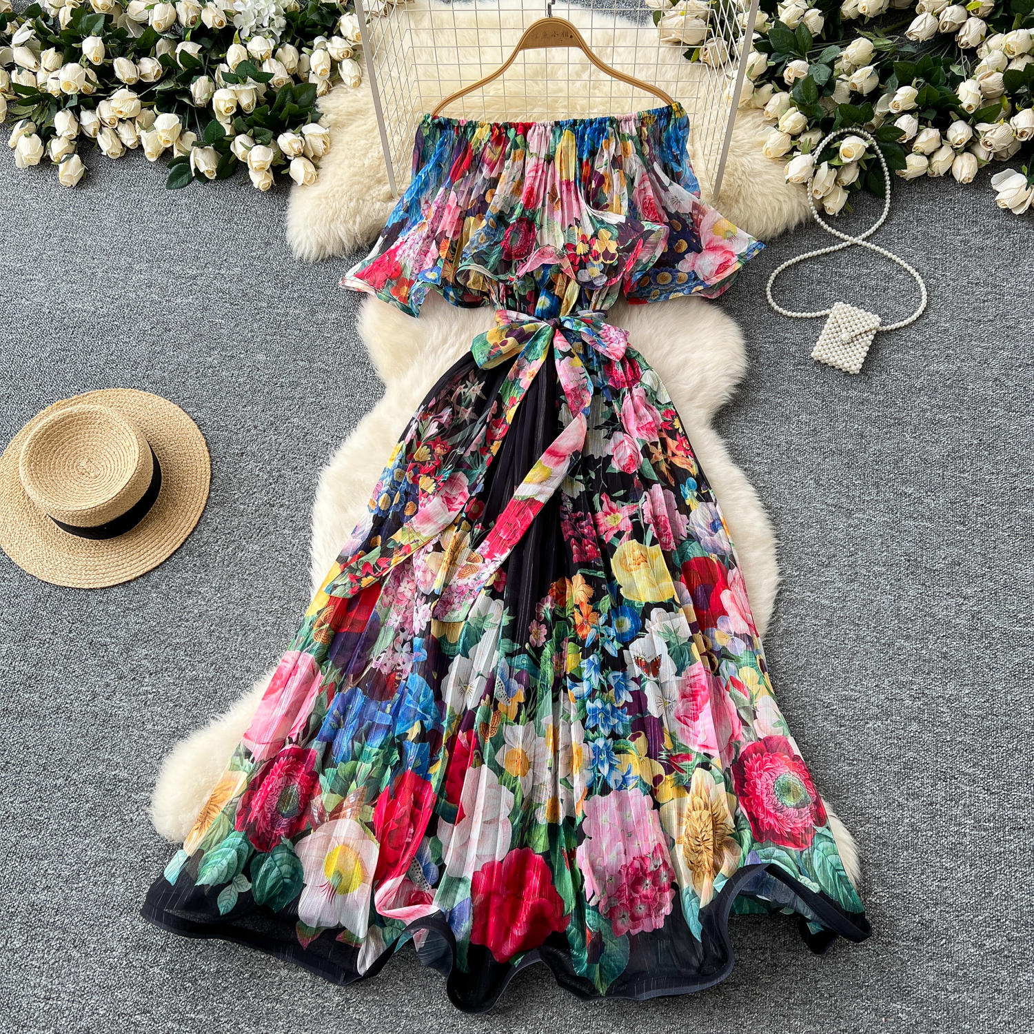 Basic Casual Dresses Spring Summer Off Shoulder Gorgeous Flower Holiday Dress Women's Slash Neck Ruffles Batwing Sleeve Print Casual A-Line Beach