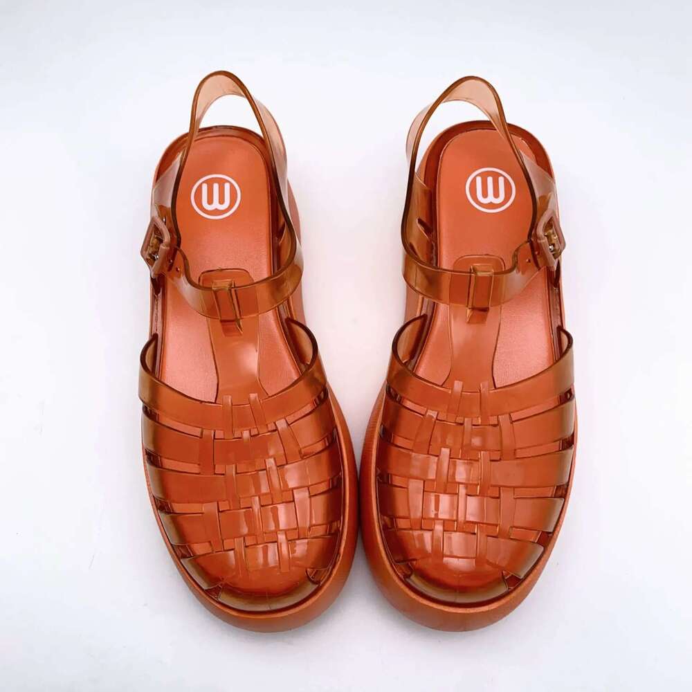 Fashionable PVC Thick-Heeled Women's with Hollowed-Out Breathable Platform Jelly Falt Soles Solid Colors Sandals