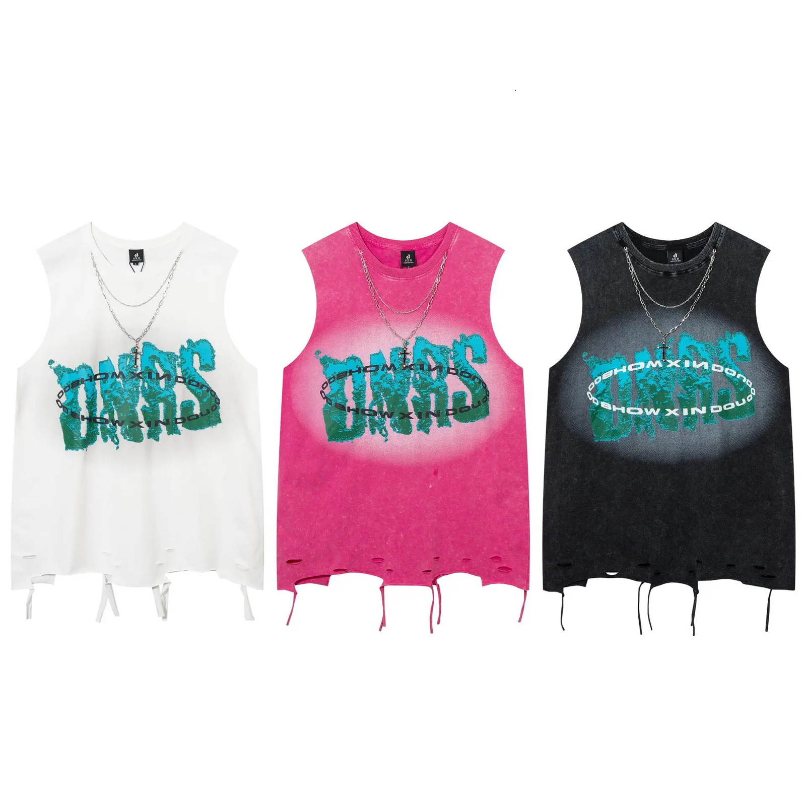 Summer Cross Necklace Sleeveless T-shirt Y2k European and American Street Fashion Vest Mens Washing Distressed Cut Printed Top 250318