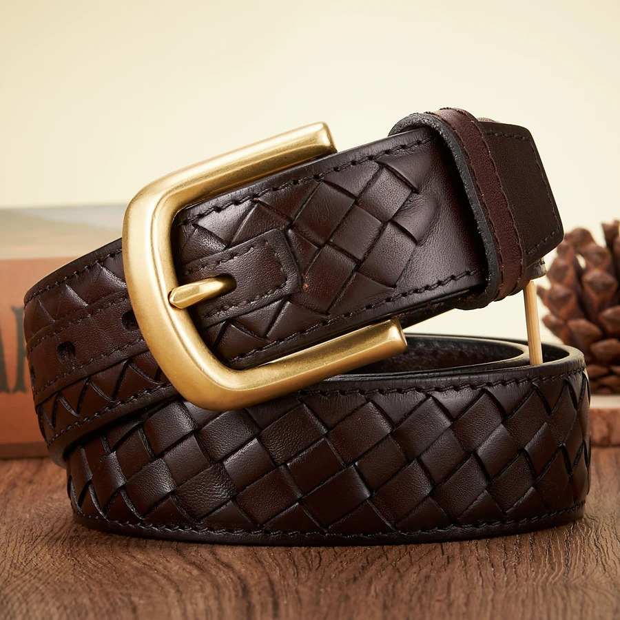 3.8Cm Copper Buckle Leather Real Denim Woven Mens Jeans Belt 250322