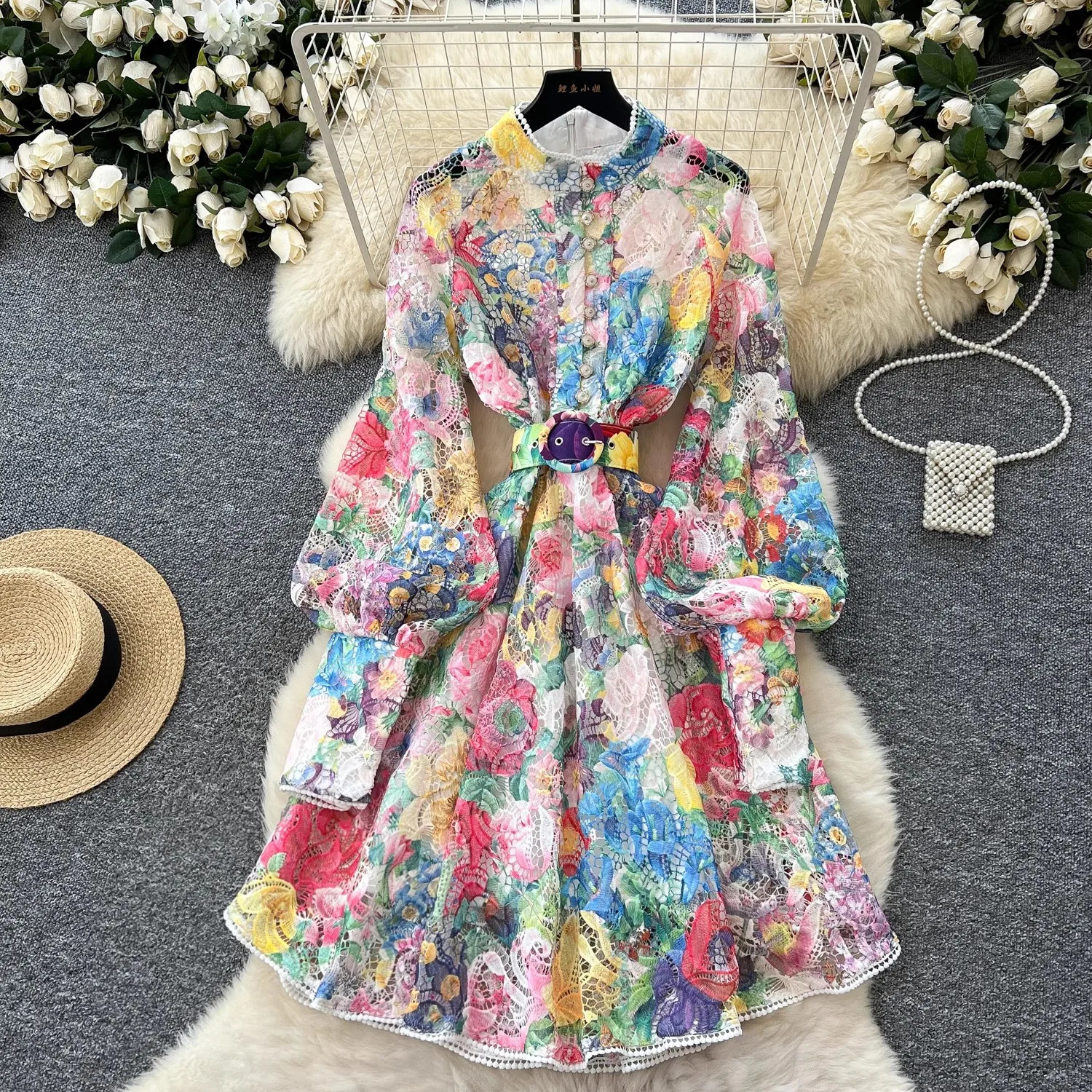 Summer Embroidery Lace Trims Dress Women French Gorgeous Flower Long Lantern Sleeve Belt A-Line Holiday Party Vestidos 250322