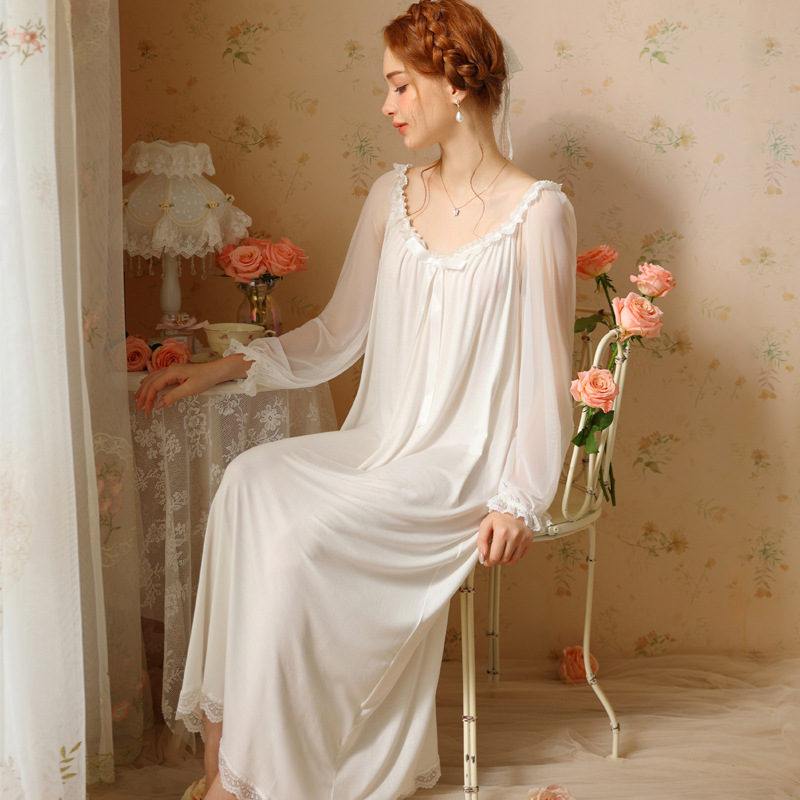 X203 Spring and Autumn Long Sleeve French Lace Home High-end Sexy Pajamas Sweet Girl Long Dress