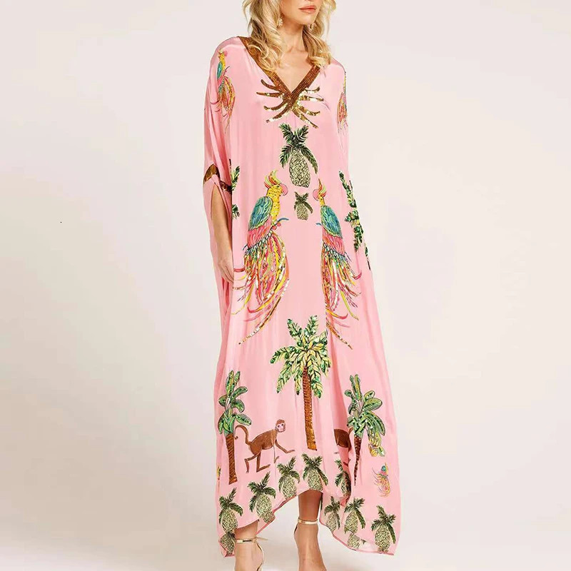 Fashionable loose floral summer dress with casual batwing sleeves Bohemian beach dress womens V-neck printed party dress Vestidos 250318
