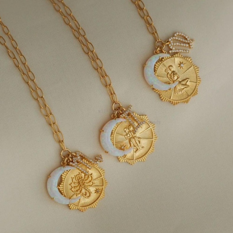 18k Gold Designer Necklaces Set 12 Horoscope Zodiac Sign Necklace Designer Opal Moon Charm Woman Girls Gold Chain Cubic Zirconia CZ Jewelry Valentine 