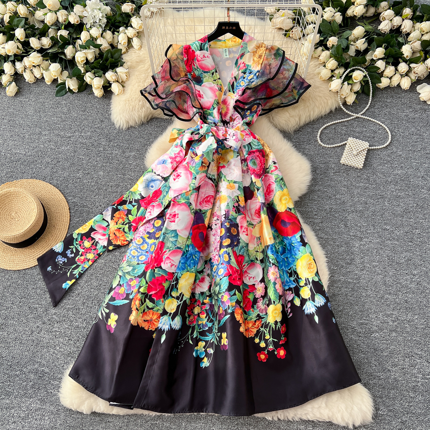 Casual Dresses Summer Summer Bohemian Gorgeous Flower Long Dress Women V-Neck Layer Mesh Sleeve Floral Print Bandage Lace Up Robe Vestidos Clothes 202