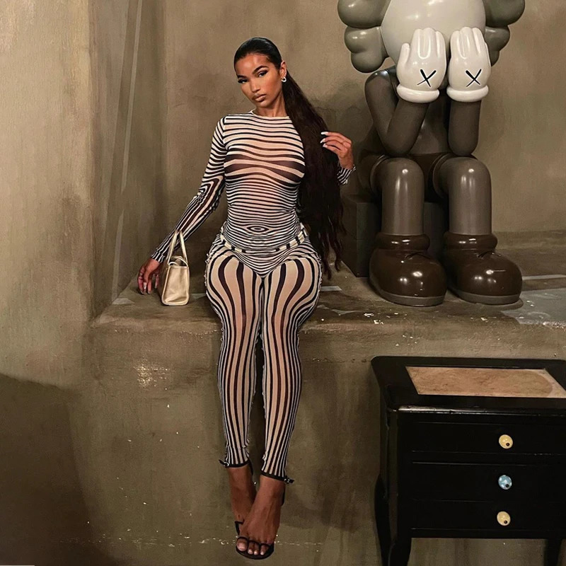Sexy Hipster Long Sleeve O-Neck Female Streetwear Outfits Mesh Striped Two Piece Set Women Sheath Body-Shaping High Street 250322