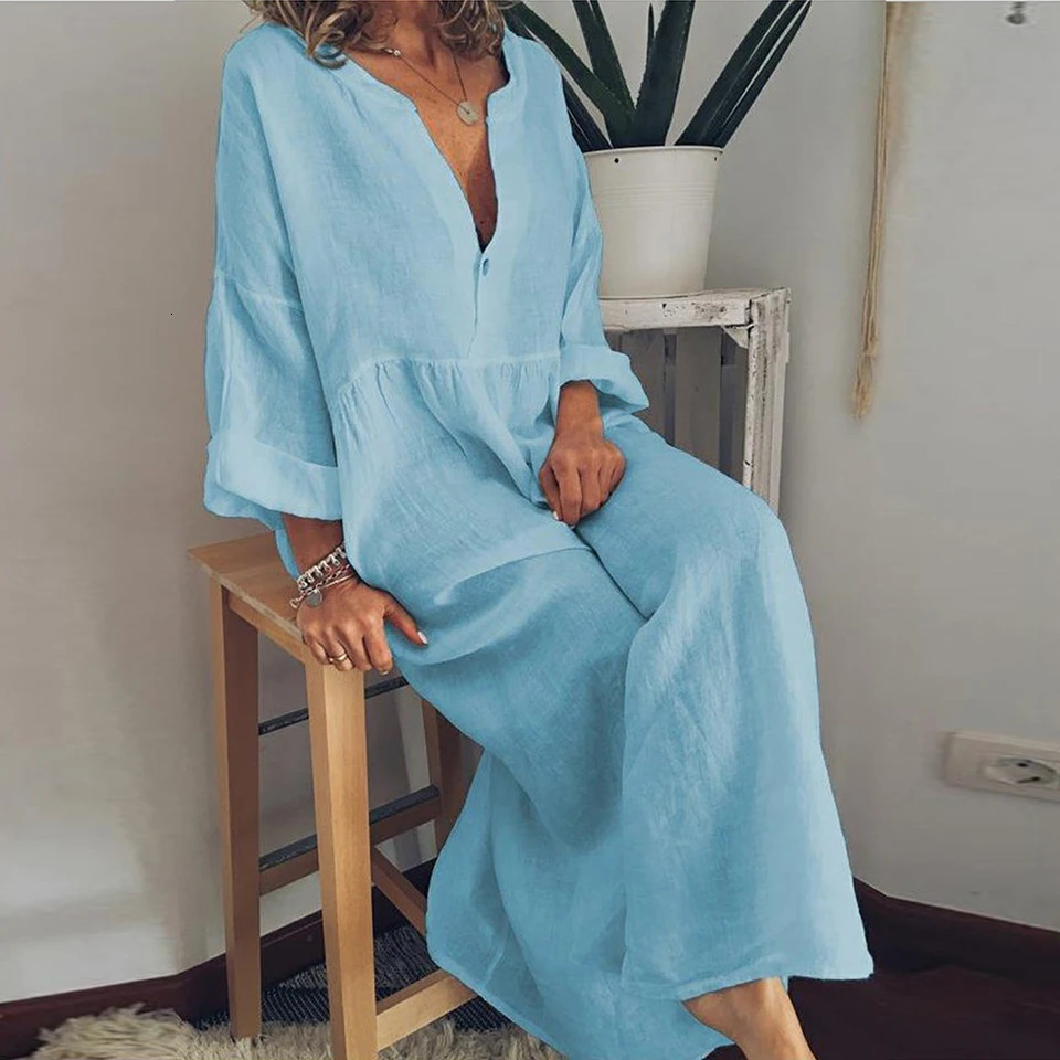 Holiday Casual Shirt Dress Women Solid Color Long Sleeve V-neck Loose Cotton Linen Midi Dress Summer Thin Weekend Street Dresses 250322