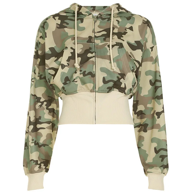 Camouflage Two-piece Personality Set Leisure Street Sports Set Short Waist Hooded Cardigan Jacket And Long And Wide Leg Pant 250322