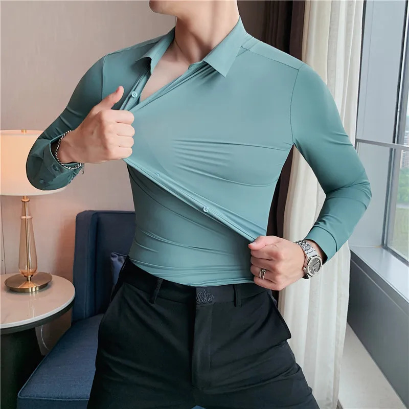 High Elasticity Seamless Mens Shirt Long Sleeve Ultra Thin Casual Shirt Solid Color Business Formal Dress Party Shirt 4XL-M 250321