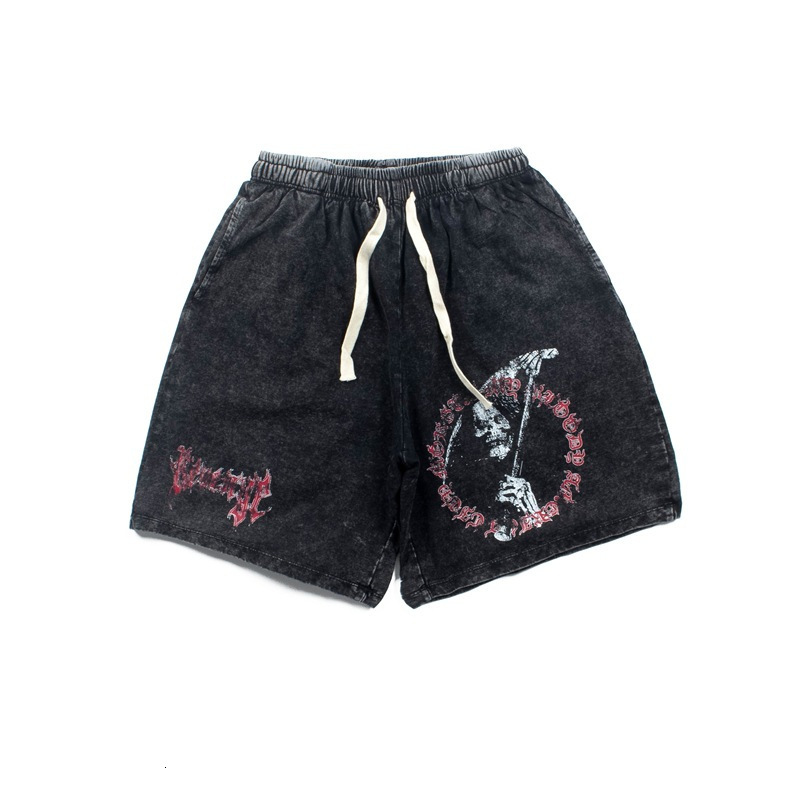 2025S Fashion Designer American Washed Shorts Men S Summer Devil Sickle Design Trendy Brand High Street Hooligan Handsome Five Quarter Pants