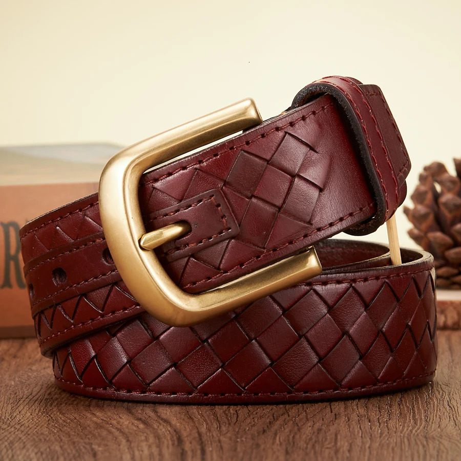 3.8cm copper buckle denim leather mens real belt woven denim woven mens jeans belt 250322