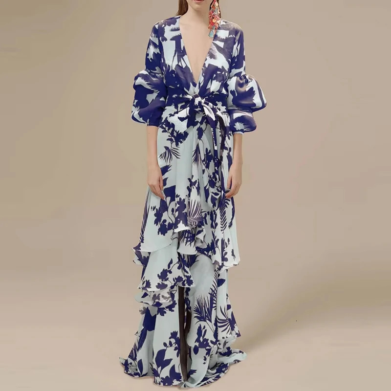Women Retro Print Ruffle Party Dress Elegant Deep V-neck Lantern Sleeve Long Dress Fashion Tie-up Waist Irregular Bohemian Dress 250322